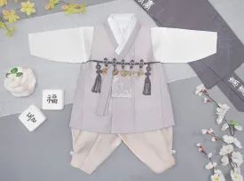 Mystical Phoenix Embroidery on Silky Light Purple Grey Baby Boy Hanbok