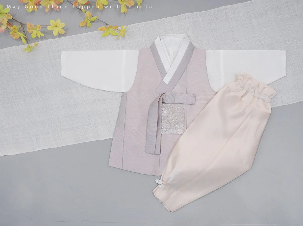 Mystical Phoenix Embroidery on Silky Light Purple Grey Baby Boy Hanbok