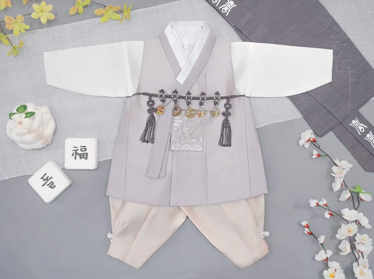 Mystical Phoenix Embroidery on Silky Light Purple Grey Baby Boy Hanbok