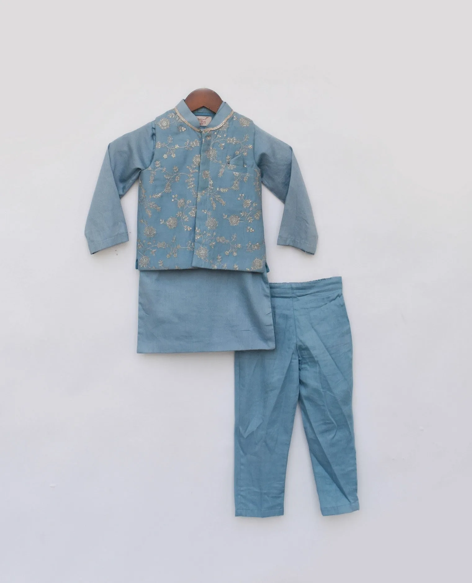 Pre Order: Blue Embroidered Nehru Jacket with Kurta and Pant