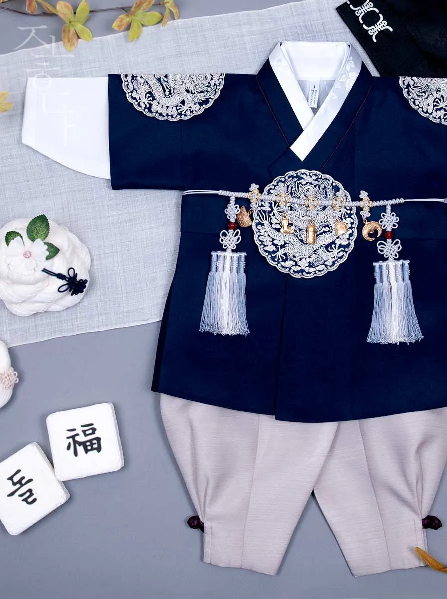 Prince Baby Boy Hanbok with Dragon Patch in Navy