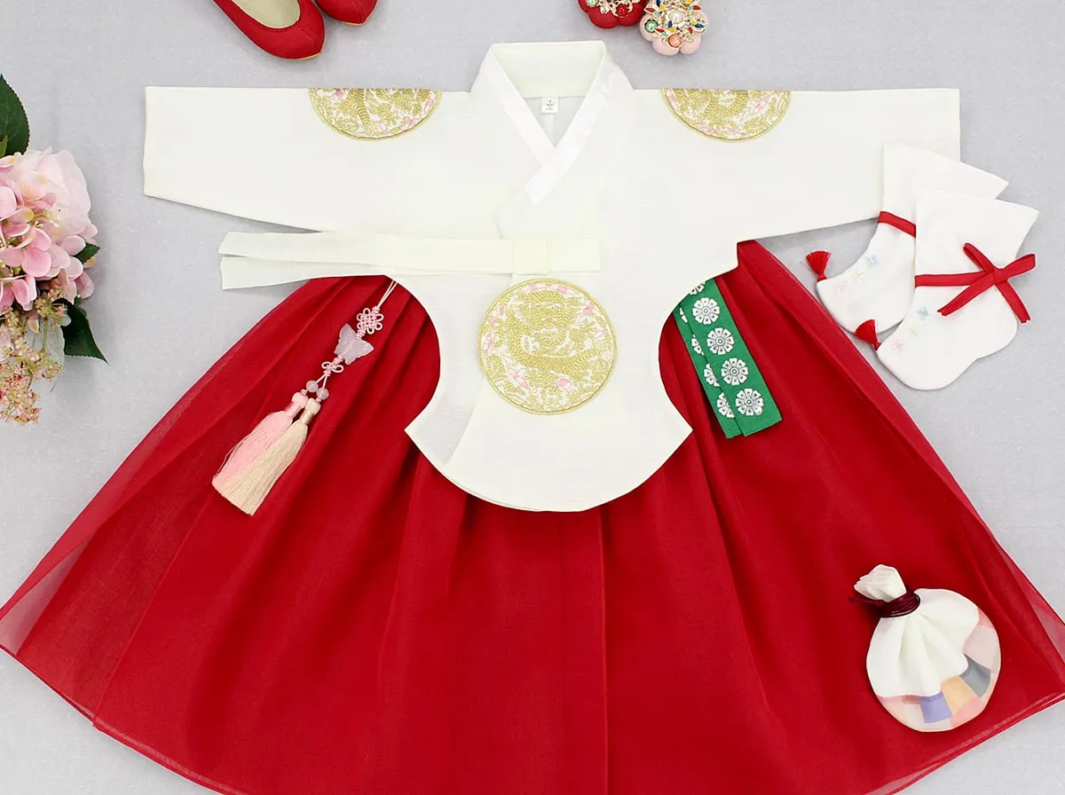 Red with 3 Dragon Embroideries Girl Hanbok