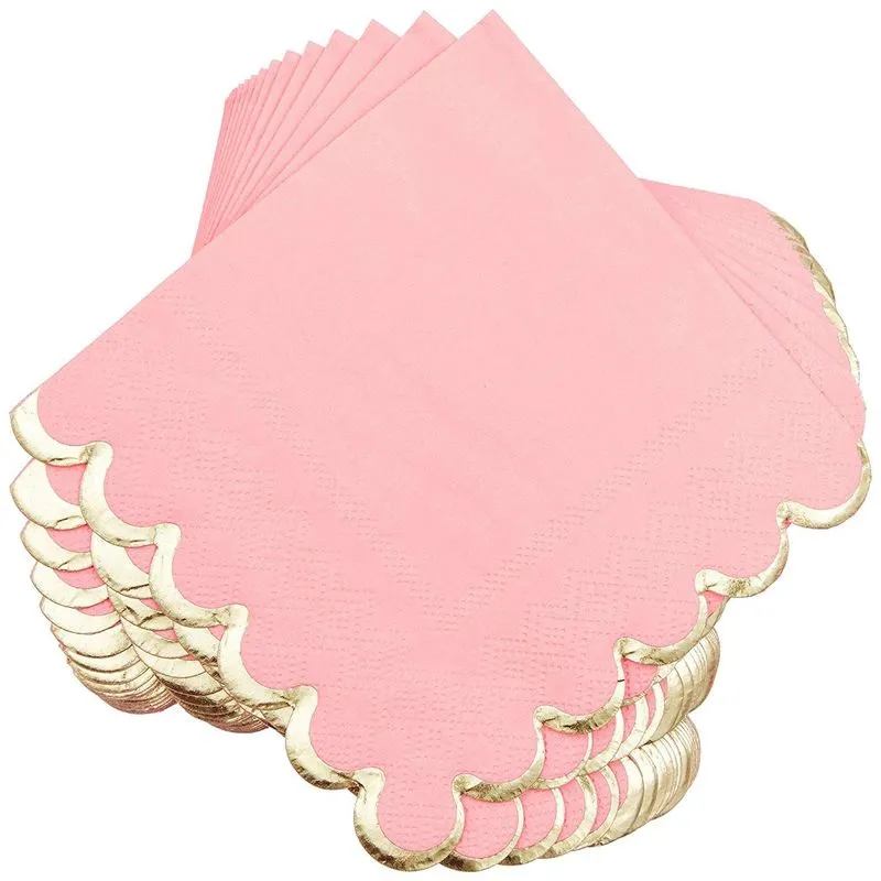 Scalloped Pink and Gold Foil Paper Napkins for Bridal Shower (5 x 5 In, 100 Pack)