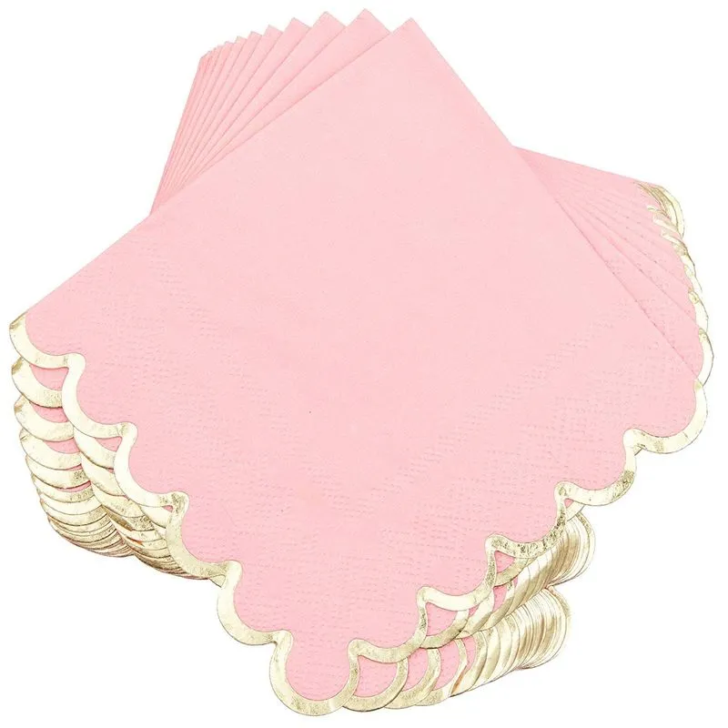 Scalloped Pink and Gold Foil Paper Napkins for Bridal Shower (5 x 5 In, 100 Pack)