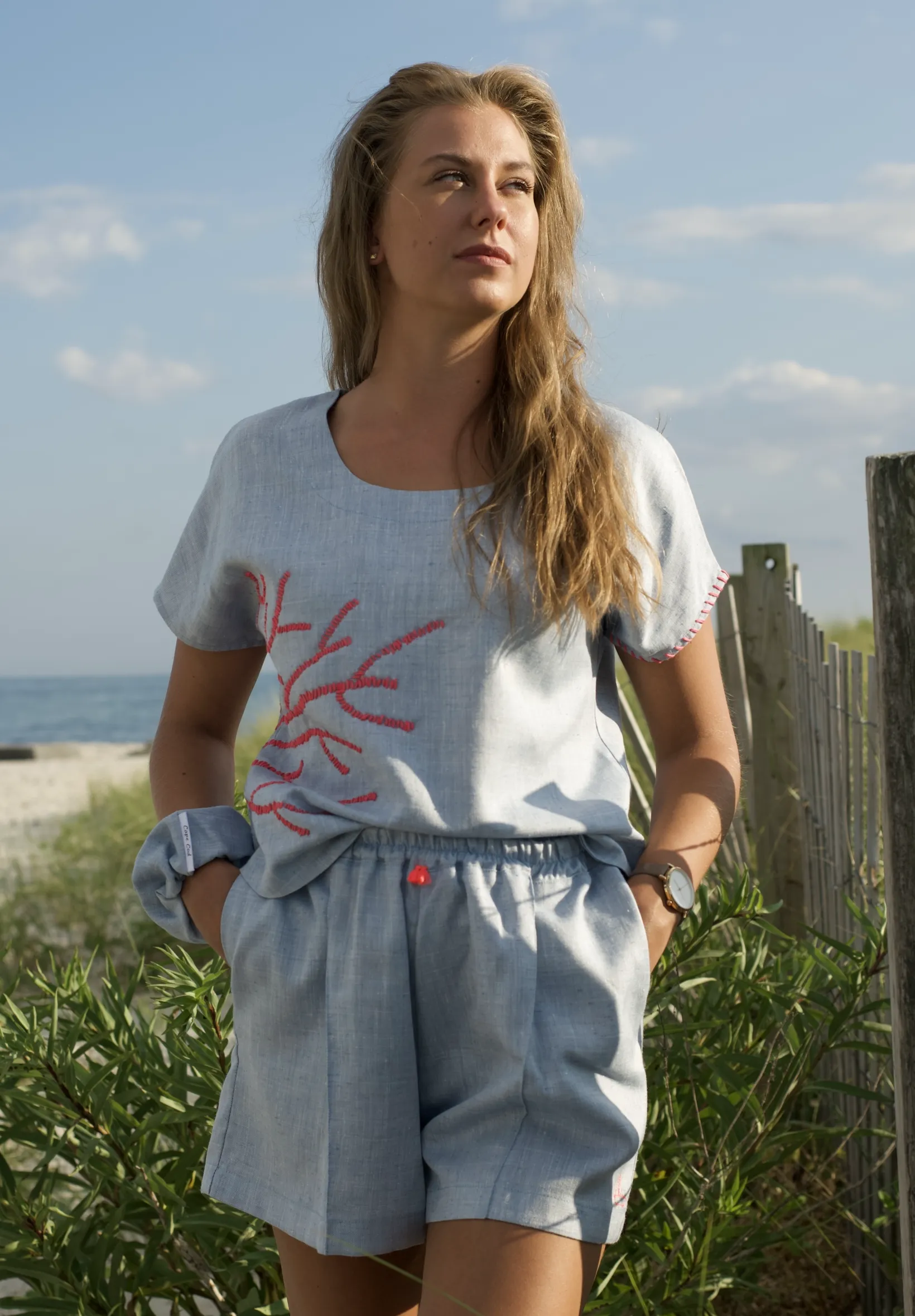 Silky Blue, Coral Pink Embroidery Linen Shirt, Hand made