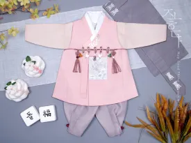 Silver Foiled Flower on a Collar Baby Boy Hanbok in Pink