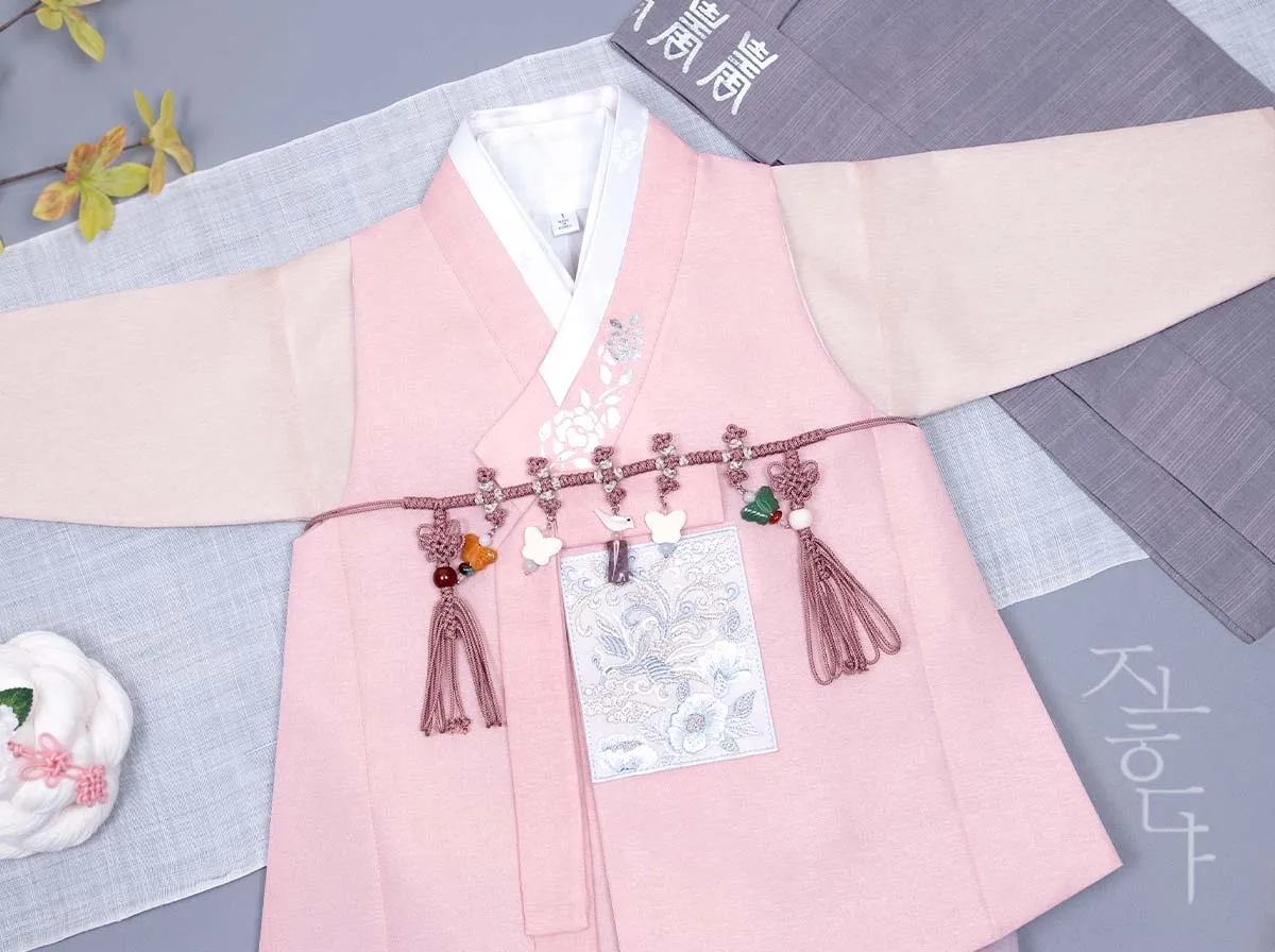 Silver Foiled Flower on a Collar Baby Boy Hanbok in Pink