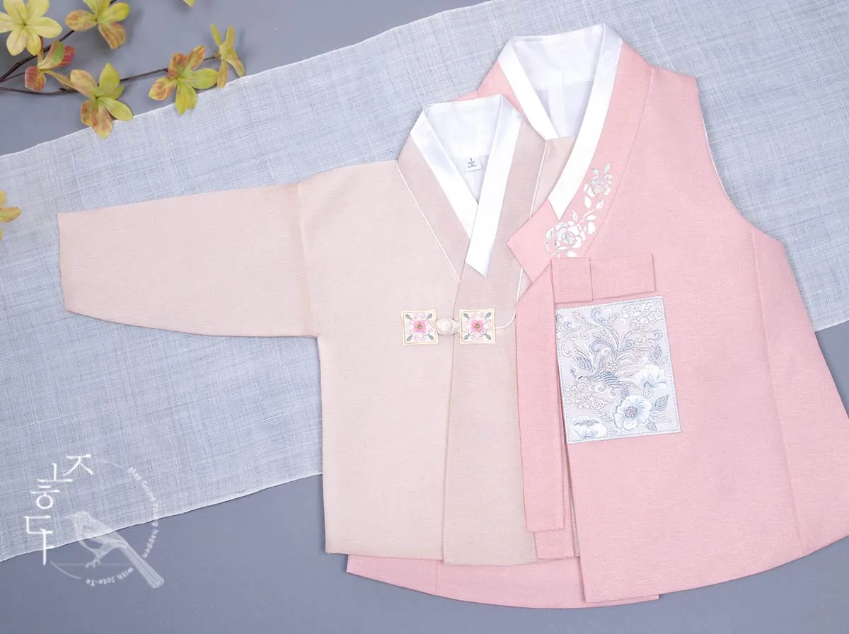 Silver Foiled Flower on a Collar Baby Boy Hanbok in Pink