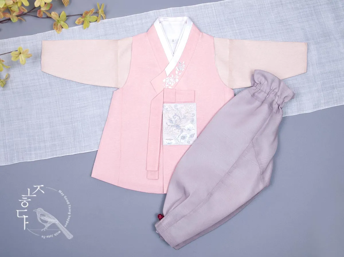 Silver Foiled Flower on a Collar Baby Boy Hanbok in Pink