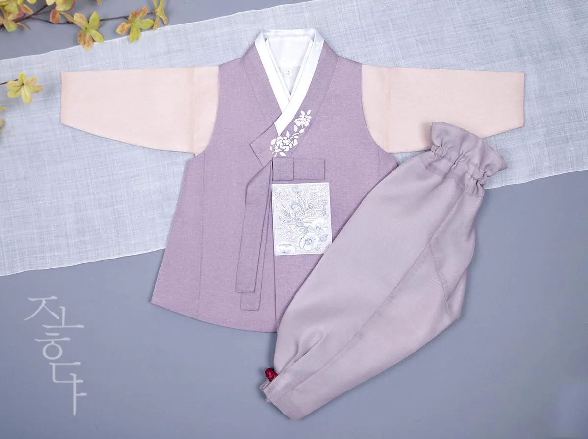 Silver Foiled Flower on a Collar Baby Boy Hanbok in Purple