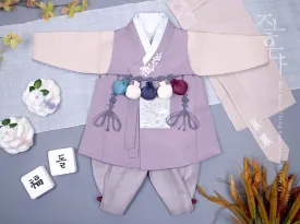 Silver Foiled Flower on a Collar Baby Boy Hanbok in Purple