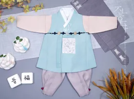 Silver Foiled Flower on a Collar Baby Boy Hanbok in Skyblue