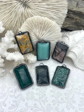 Soldered Natural Stone Pendants, Rectangle Stone Pendants with Gunmetal ,Comes in a variety of patterns, 6 Styles, Natural Stone, Fast Ship.