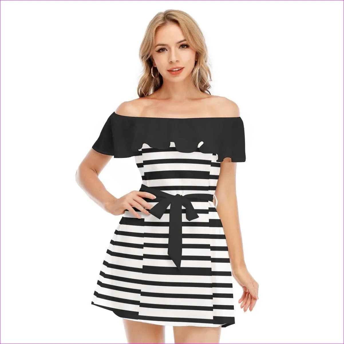 Striped Women's Off-shoulder Dress With Ruffle